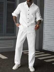 Manfinity CasualCool Men 2 Pieces Set,Men's Casual Solid Color Shirt And Pants Outfits,Men's Wear Minimalism Are Versatile For Daily Commuting Trips, Fall Clothes - White - View 4