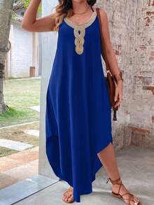 Breezaya Plus Size Women Versatile Slimming Floral Trim Collar Maxi Camisole Dress - Royal Blue - View 3