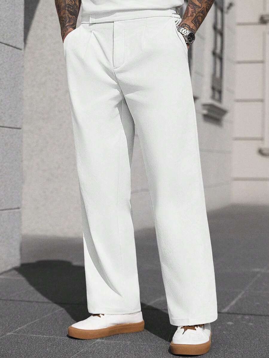 Manfinity Homme 男士纯色简约设计休闲宽松长裤,带口袋,百搭日常穿着 - 白色 - 查看 1