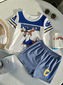2pcs Baby Boys Blue White Stripe Cartoon Dog Print Short Sleeve T-Shirt And Shorts Set,Cute Summer Toddler Little Brother Beach Racing Outfits - Blue and White - View 6