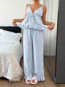 Napfluff Women's PJS, Spring Pink Striped Heart Print V-Neck Drawstring Ruched Ruffle Trim Camisole And Lounge Pants T Two Pieces Sleepwear Set Summer Pj Set - Blue - View 5