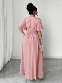 SHEIN LUNE CURVE 大码女士优雅度假休闲新款V领宽松袖连衣裙 - 藕粉色 - 查看 2