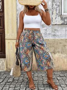 Breezaya Pantalones capri de talla grande para mujer con estampado de paisley bohemio, casuales para vacaciones - Azul - Ver 3
