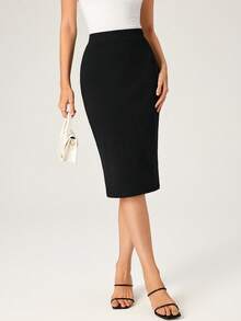 SHEIN BASICS 女款時尚優雅純色鉛筆裙，秋季女式，辦公黑色 - 黑色 - 查看 4