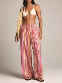 KSTM Colorful Multi Stripe Wide Leg Palazzo Beach Casual Summer Vacation Drawstring Elastic Waist Flowing Bohemian Pants - Multicolor - View 1