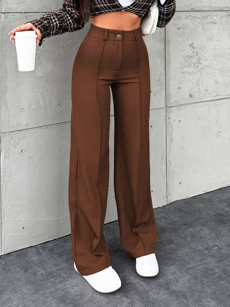 EURMUSE Women's Solid Color Toothpick Striped Design Wide Leg Office Autumn Pants - Rust Brown - View 1