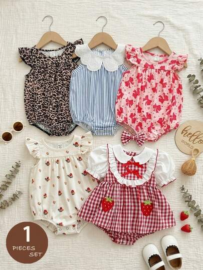 SHEIN Bộ áo liền quần mùa hè dễ thương, kiểu dáng thường ngày, họa tiết da báo, tay bồng cho bé gái.