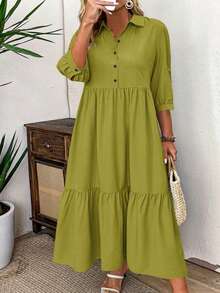 SHEIN LUNE Vestido casual simple con botones, manga media y fruncido en el frente, de unicolor y longitud media, para mujeres de talla grande, atuendo maxi para el Día de Acción de Gracias - Verde Oliva - Ver 1