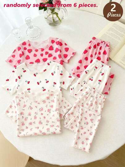 [3 Sets Aleatorios, 1 Set Enviado] Pijamas para niñas, éxito de clásico, lunares, arcoíris, conjunto de ropa de estar en casa con camiseta de cuello redondo con volantes y estampado de unicornio emparejada con pantalones de cintura elástica con estampado, 1 Set
