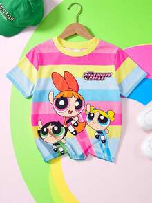THE POWERPUFF GIRLS X SHEIN GraphicGems Young Girl Rainbow Striped Contrast Color Round Neck Short Sleeve T-Shirt, Summer - Multicolor - View 3