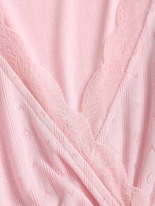 Flirla Women's Spring/Summer Korean Style Pink Casual Elegant Comfortable Versatile V-Neck Lace Ruffle Bow Tie Design Short Sleeve T-Shirt - Pink - View 7