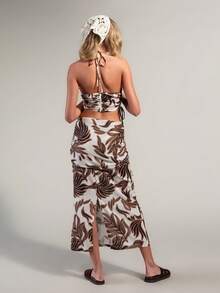 Rouah Linen Blend Oversized Tropical Rustic Leaf Print 2 Piece Set - Perfect For Summer Holiday And City Breaks - Skirt Co Ord Women Beach Vacation - Multicolor - View 2