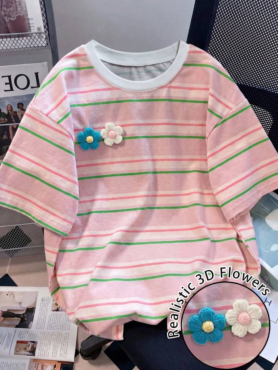 SHEIN EZwear 休闲条纹印花手工针织花卉超大号T恤，简约设计圆领短袖宽松女式T恤，适合日常通勤、约会、聚会、秋冬夏、圣诞节、新年、感恩节、派对、婚礼、海滩、毕业典礼、时尚、优雅、休闲、外出、约会、预订、通勤、闪亮、情人节、优雅、度假、休闲、Y2K、外出、毕业典礼等场合。 - 彩色 - 查看 1