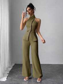 Modelyn 女士纯色吊带上衣和喇叭裤两件套，时尚通勤装 - 軍綠色 - 查看 2