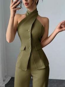 Modelyn 女士纯色吊带上衣和喇叭裤两件套，时尚通勤装 - 軍綠色 - 查看 8