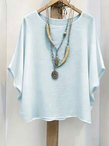 EMERY ROSE Plus Size Women's Summer Light Blue Smart Casual Top,Minimalist Batwing Sleeve Crew Neck Pullover,Lightweight Comfortable Vacation Homewear - Blue - View 4