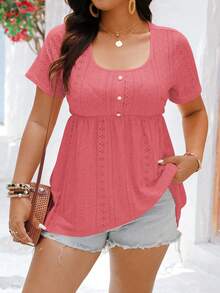 EMERY ROSE Plus Size Women's Solid Color Pleated Casual Versatile Daily Short Sleeve T-Shirt - Coral Pink - View 3