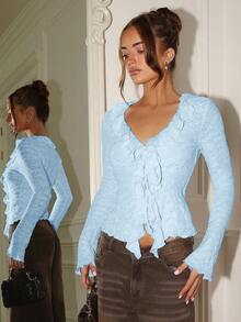 Glamine Sexy Deep V-Neck Ruffle Trim Tie Front Bow Knit Thin Cardigan, Apricot Color, Suitable For Daily Home Wear - Blue - View 6