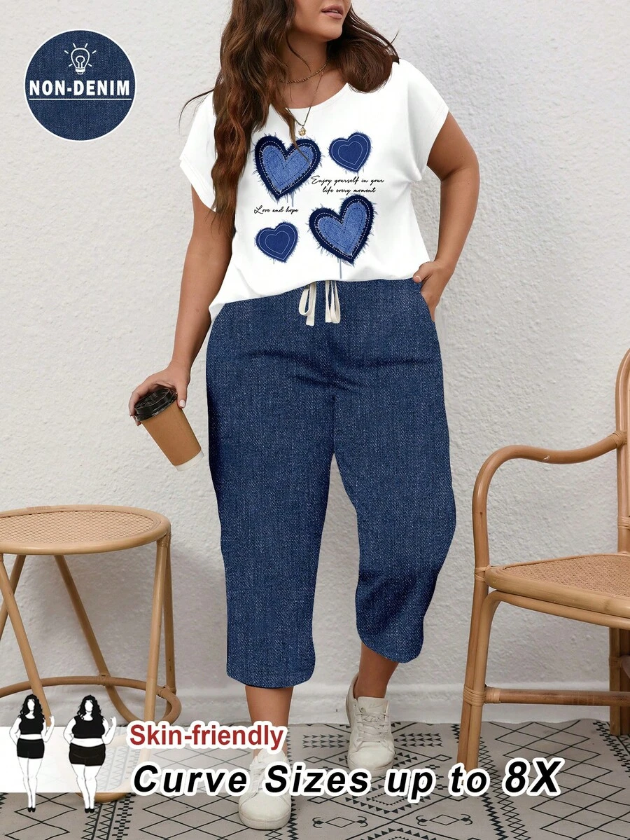 SHEIN CURVE+ 大码休闲简约航海风蓝色爱心印花两件套,适合夏季度假 - 彩色 - 查看 1