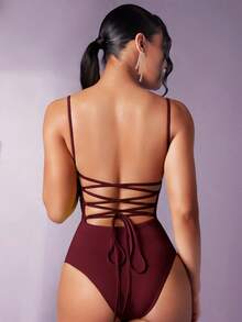Silquee Bodysuit Wanita Warna Polos Berlipit Kasual Serbaguna untuk Pemakaian Sehari-hari - Merah tua - View 2