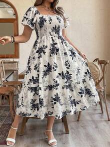 Rometta Plus Size Vacation/Leisure Ditsy Floral Print Dress With Cinched Waist Maxi Women Outfit - Apricot - View 6