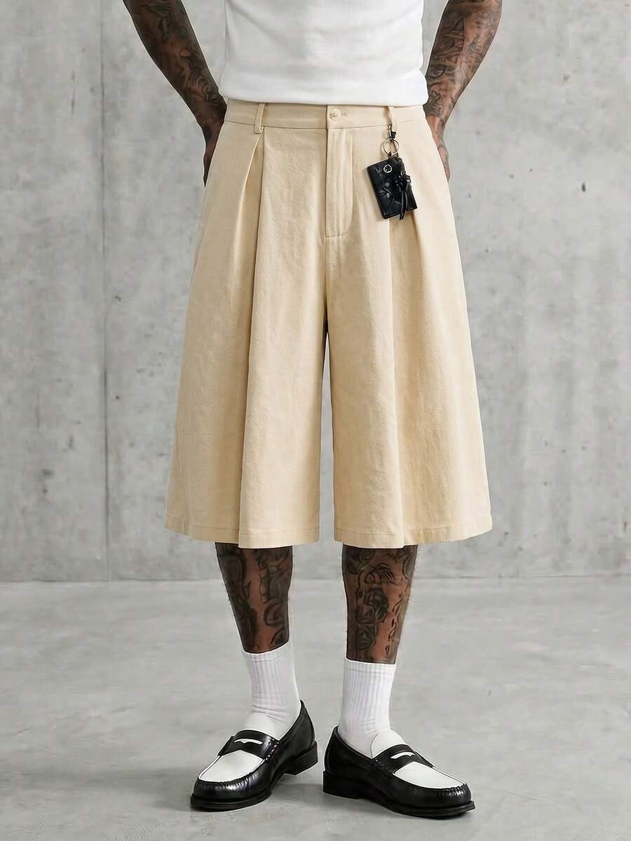 AXEPEAK Pantalones cortos casuales sueltos con pliegues de unicolor para hombres - Caqui - Ver 1