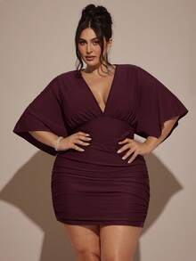 SHEIN BAE Plus Size Women V-Neck Mini Green Christmas Dress - Maroon - View 4