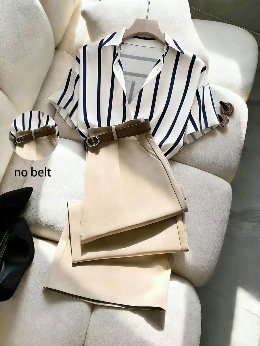 Franclia Bộ 2 món áo sơ mi ngắn tay kẻ sọc mới và quần dài màu mơ trơn dành cho nữ, thích hợp cho mùa xuân/hè. - Nhiều màu - Xem 1