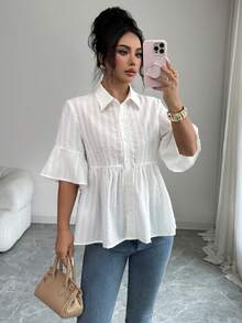 Elenzga Áo sơ mi nữ màu trơn xếp ly, kiểu dáng thường ngày, đa năng. - trắng - Xem 7