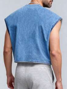 Manfinity Dauomo Summer Casual Sleeveless Top, Men's Breathable Tank Top, Denim Print Pattern Design, Stylish, Suitable For Daily Wear, Outdoor, Sports - Multicolor - View 2