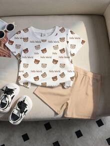 Souflis Souflis 2件套男婴/中性婴幼儿0-3岁韩版休闲撞色小熊图案印花短袖T恤和配套短裤套装，适合户外、运动、上学、春夏穿着。 - 彩色 - 查看 3