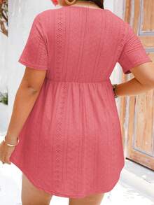 EMERY ROSE Plus Size Women's Solid Color Pleated Casual Versatile Daily Short Sleeve T-Shirt - Coral Pink - View 2