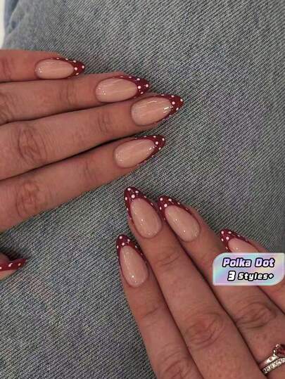Móng tay giả màu đỏ chấm bi đơn giản kiểu Pháp, đầu móng hình hạnh nhân, 10 móng giả acrylic bóng, làm thủ công, thích hợp làm quà tặng cho nữ, dự tiệc và sử dụng hàng ngày.