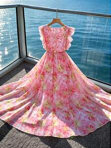 SHEIN LUNE CURVE Đầm nữ cỡ lớn kiểu Pháp lãng mạn họa tiết hoa tay bồng thanh lịch thường ngày cho kỳ nghỉ - Hồng - Xem 2