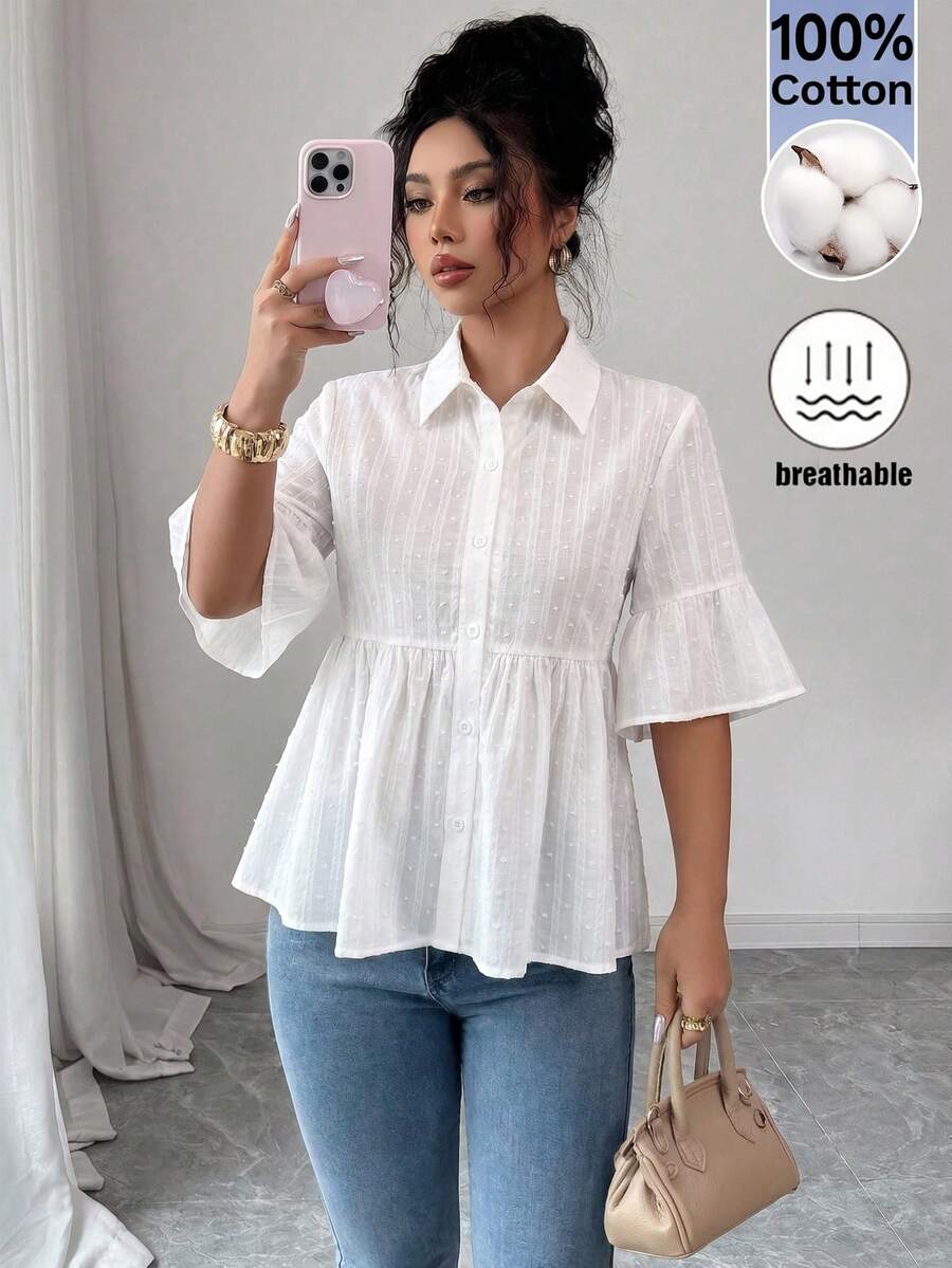 Elenzga Áo sơ mi nữ màu trơn xếp ly, kiểu dáng thường ngày, đa năng. - trắng - Xem 1