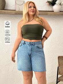 SHEIN 100 Cotton Women's Light Blue Plus Size Shorts Vacation Date Night Summer - Medium Wash - View 6
