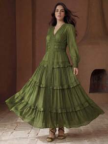 Anewsta New Romantic Ruffled Floral Splice V-Neck Petal Sleeve Dress, Vacation & Holiday Wear For Women, Summer - Army Green - View 3