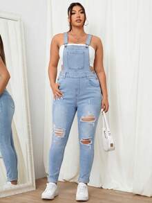 SHEIN EZwear 大码休闲水洗做旧修身牛仔背带裤 - 淺色水洗藍 - 查看 1