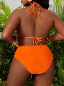 Slaydiva Bộ bikini hai mảnh buộc cổ màu trơn gợi cảm dành cho nữ cỡ lớn, gồm bikini và quần lót tam giác. - Màu Cam cháy - Xem 4