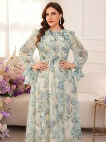 Modelyn Plus Size Women Elegant Floral Print Waist Cinched Dress Fall - Blue - View 5