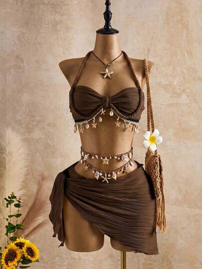 Bellisia Bộ đồ bơi tankini hai mảnh màu be họa tiết sóng biển với vỏ sò và sao trang trí dành cho nữ, thích hợp cho mùa xuân/hè/thu, bộ đồ đi biển, bikini cho nữ kèm áo khoác ngoài, bộ đồ hè 2 mảnh.