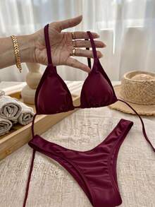Swim Vcay Women's Solid Color Halter Neck Bikini Set - Red Violet - View 5