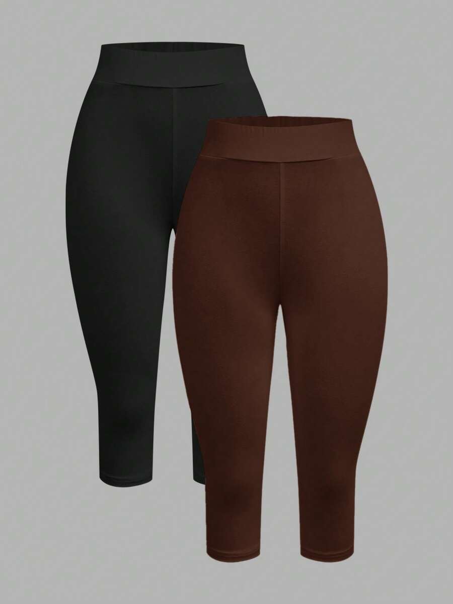 SHEIN EZwear 2条装女士95%纯棉黑色和棕色七分紧身休闲打底裤,适合夏季穿着 - 彩色 - 查看 1