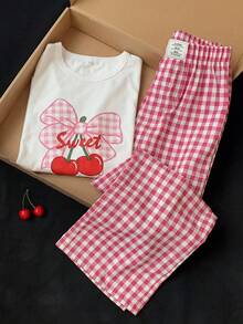 SHEIN Bộ áo thun và quần kẻ caro in hình quả anh đào dễ thương dành cho bé gái, thích hợp cho các hoạt động thường ngày và mặc dạo phố. - trắng - Xem 10