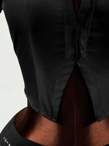Mistrie Women's Fashion Regular Shoulder Short Sleeve Drawstring Cropped Fitted Blouse - Black - View 5
