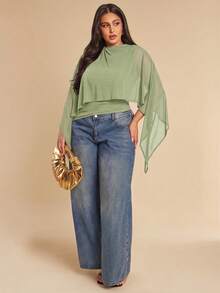 SHEIN BAE 大码女式纯色修身时尚斗篷上衣，喇叭袖 - 薄荷綠 - 查看 5