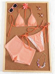 Swim Mod Women's 3-Piece Striped Print Halter Bikini Set With Briefs, Summer Swimwear - Multicolor - View 2