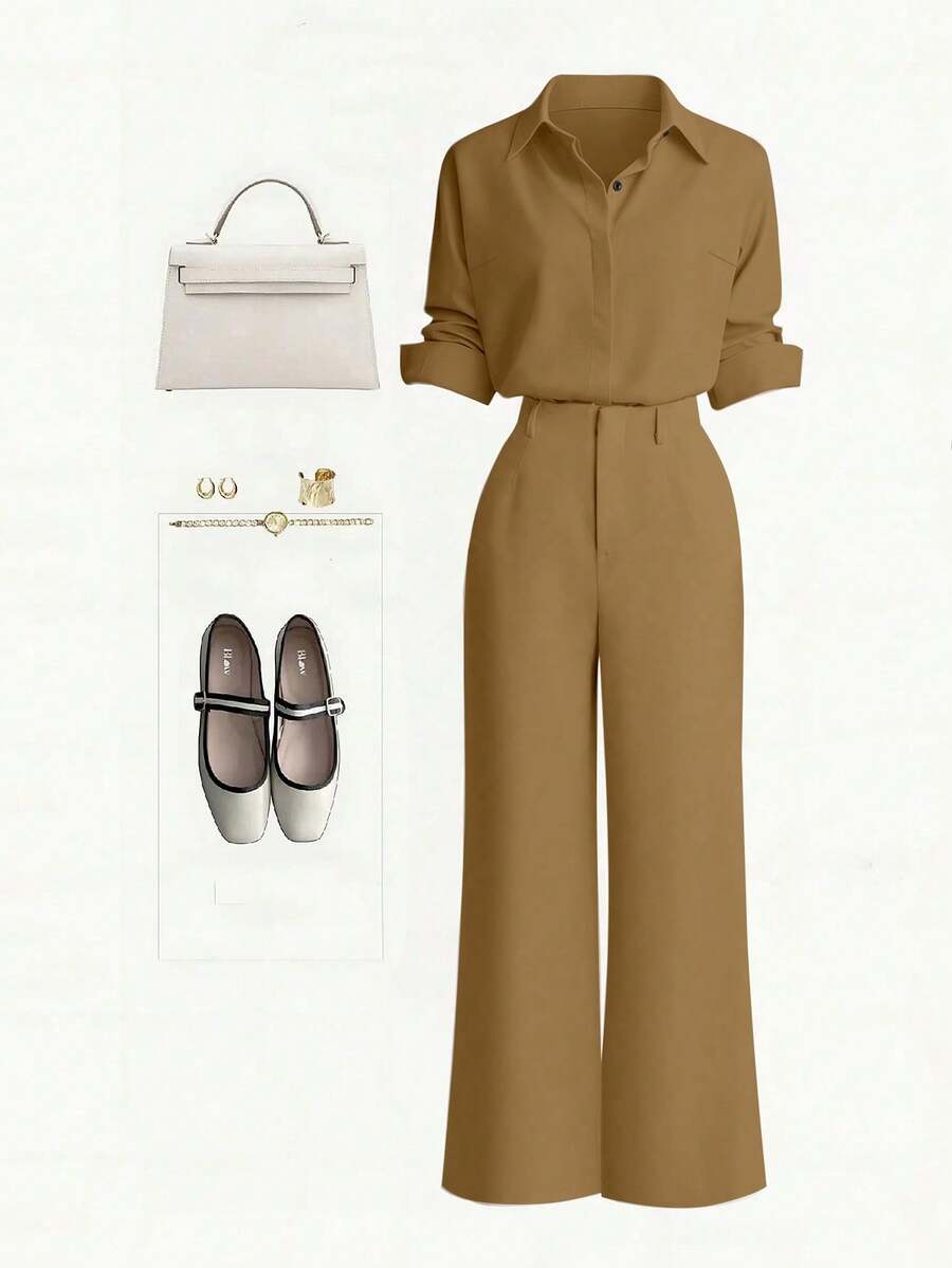 Zovinel New Button-Up Solid Color Shirt And Straight Leg Casual Pants Set - Khaki - View 1