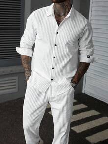 Manfinity CasualCool Men 2 Pieces Set,Men's Casual Solid Color Shirt And Pants Outfits,Men's Wear Minimalism Are Versatile For Daily Commuting Trips, Fall Clothes - White - View 5