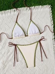 SHEIN Swim Mod Women's Summer Beach Faux Pearl Coconut Tree Pattern Halter Tie Sexy Bikini And Triangle Panty Swimsuit Set - Beige - View 2